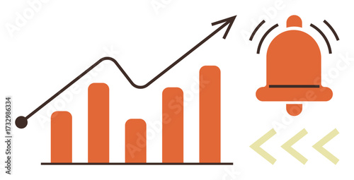 Bar chart with upward trend line next to vibrating notification bell, symbolizing business growth, alerts, data monitoring, or performance updates. Ideal for analytics, alerts, performance, progress