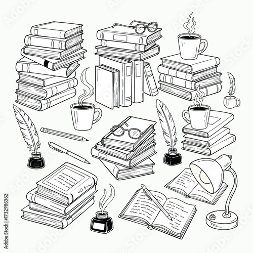 Handdrawn collection of books quill pens inkwells and reading accessories in a sketch style.