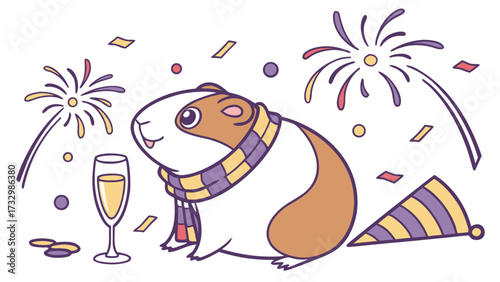 Cute Playful Guinea pig, accessorized with with a scarf, in a New Year's Eve/Day world – New Beginnings palette vector