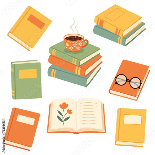 Illustrated collection of colorful books a steaming coffee cup and reading glasses for study.