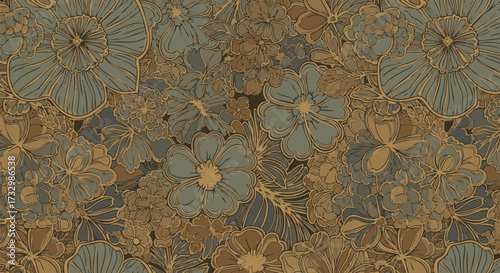 Seamless floral pattern illustration in earthy tones, evoking a vintage feel
