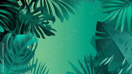 Tropical Leaves Frame on Green Gradient — Minimal Poster Background for Climate Summit and Eco Branding