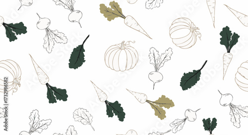 Seamless hand-drawn sketch pattern featuring autumn harvest vegetables like pumpkins, carrots, and radishes on a white background