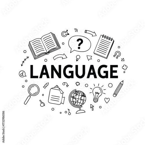 Language learning and communication concept illustrated with handdrawn doodle icons.