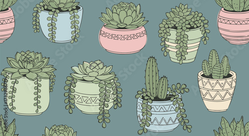 A charming, hand-drawn pattern features various potted succulents and cacti in pastel-colored pots