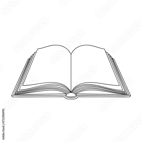Simple black and white line art illustration of an open book with blank pages.