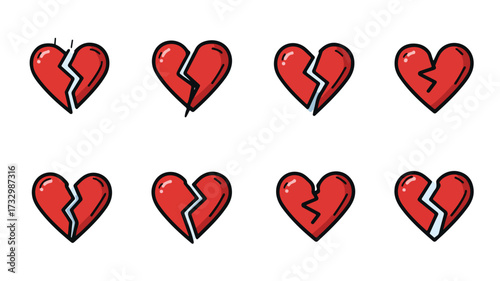 Flat Style Broken Heart Icons Set for Emotional Design