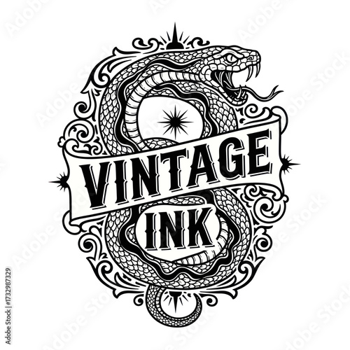 A vintage-style black and white illustration of a coiled snake with the words "VINTAGE INK" on a banner.
