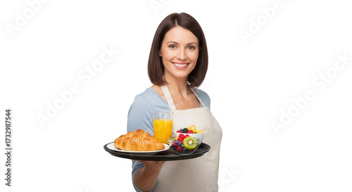 Woman serving breakfast with croissant, fruit salad, and orange juice, isolated on transparent background