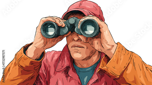 Cartoon Man Looking Through Binoculars Vector Illustration
