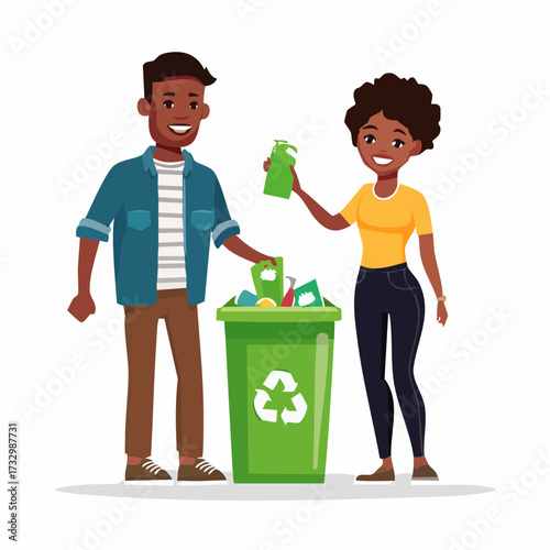 A couple sorts recyclables into a green bin. They are casually dressed and smiling, demonstrating eco-friendly habits. Clean, bright, and modern.