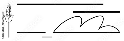 Line art with a corn stalk to the left and flowing wind lines with cloud patterns. Ideal for nature, agriculture, ecology, simplicity, growth, sustainability, healthy living, simple flat metaphor