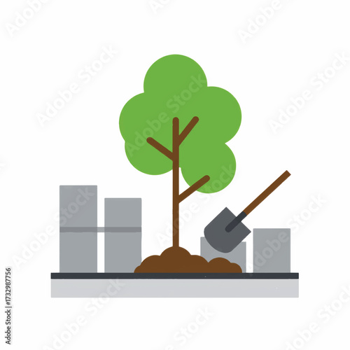 Tree Planting Illustration with Shovel and Concrete Blocks.