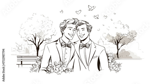 Joyful Newlywed Gay Couple Embracing and Laughing Outdoors - LGBT Love and Happiness Concept