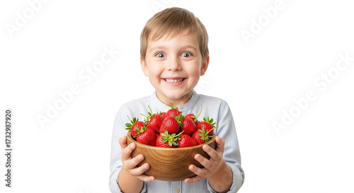 Young boy holding a bowl of strawberries isolated on transparent background