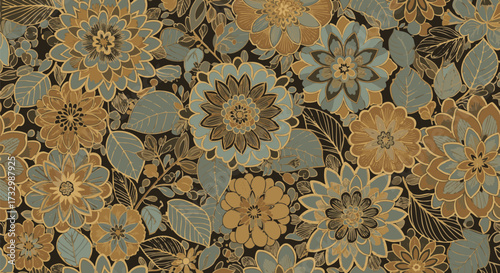 Vintage seamless repeating pattern featuring large brown and teal flowers with foliage set against a dark backdrop
