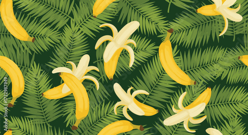 Tropical pattern featuring ripe yellow bananas and lush green palm leaves