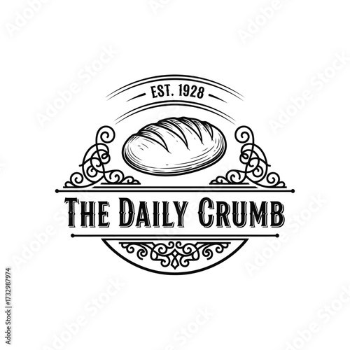 Vintage black and white bakery logo for 'The Daily Crumb' established 1928, featuring a hand-drawn loaf of bread and ornate decorative elements.