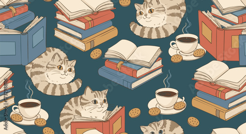 Charming seamless pattern featuring cozy tabby cats reading books with steaming coffee and cookies