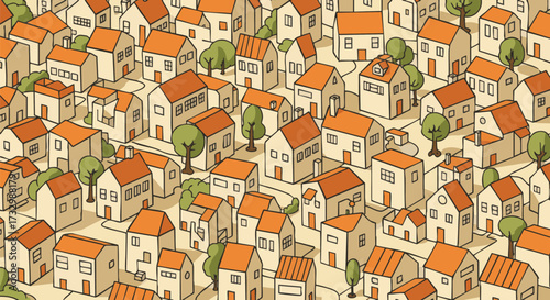 Seamless pattern of a cartoon town with many small houses and trees. This aerial view illustration represents a dense neighborhood or suburbia
