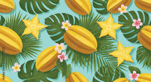 Seamless pattern featuring stylized star fruit and lush tropical foliage like monstera and palm leaves on a light teal background