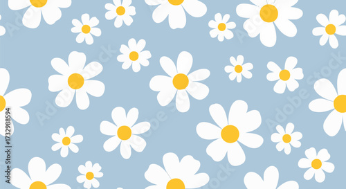 Seamless daisy flower pattern featuring white blossoms and yellow centers on a pastel blue background