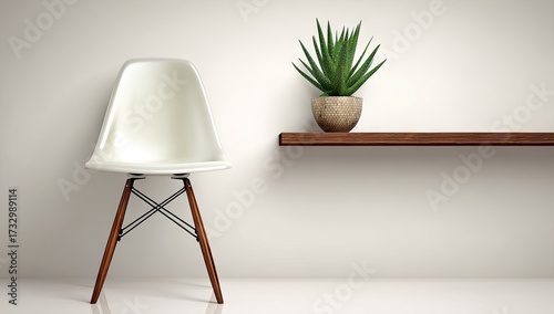 A simple, minimalist interior scene featuring a white chair and a potted succulent on a wooden shelf against a bright white wall.