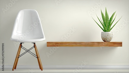 A modern, minimalist interior scene featuring a simple white chair and a potted plant on a light brown wooden shelf against a pale cream wall.