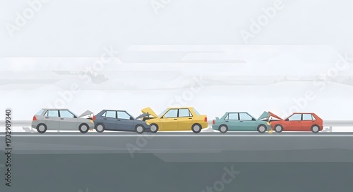 A severe multi-vehicle collision illustrating a chain-reaction car accident on a highway, with several damaged cars involved in a pile-up incident