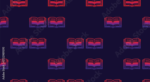 Stylized graphic pattern featuring open books with red and blue gradient on dark blue background