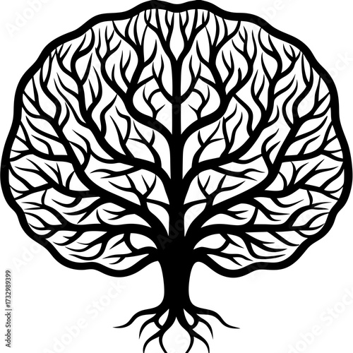 Silhouette of a Human Brain Made from Intricate Tree Roots and Branches