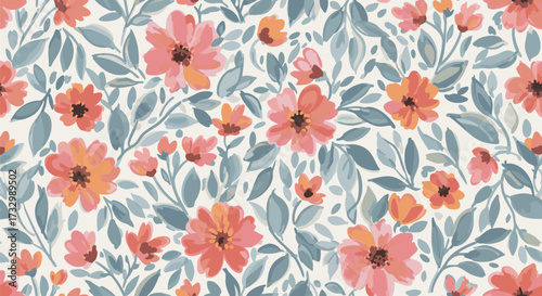 Vibrant seamless floral pattern featuring hand-painted pink and orange flowers with teal leaves
