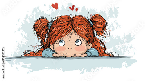 Adorable Cartoon Illustration of Girl Gazing Curiously