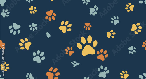A colorful, seamless vector pattern featuring playful paw prints in orange, yellow, and teal shades
