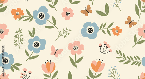A delightful flat design pattern featuring stylized spring flowers and butterflies on a cream background