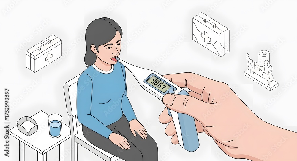 Obraz premium Woman has her temperature taken with a digital thermometer, indicating a potential fever or illness