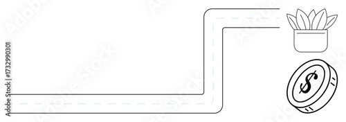 Road bending toward a plant and a coin, symbolizing investment, financial progress, and sustainable growth. Ideal for business, finance, success, sustainability, investment planning economic