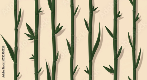 Stylized vertical pattern of vivid green bamboo stalks and leaves standing tall against a pale cream background