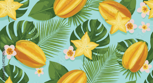 Vibrant seamless pattern featuring tropical star fruit (carambola) slices and whole fruits mixed with green monstera and palm leaves