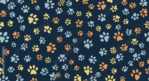 A cheerful and playful pattern featuring a scattered arrangement of colorful paw prints on a dark blue background