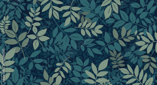 Seamless vector pattern featuring overlapping leafy branches in shades of teal and lime green against a deep navy blue background