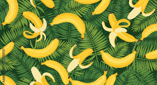 A vibrant, flat design seamless pattern featuring ripe yellow bananas and lush green tropical palm leaves