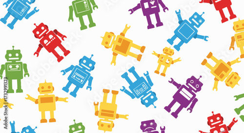 A seamless pattern of colorful cartoon robots on a white background. The playful and vibrant graphic features retro androids scattered randomly