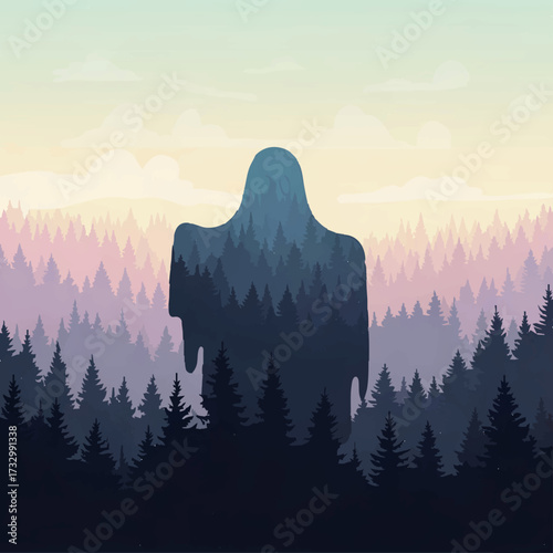 Ghost emerges from the forest in mysterious landscape

