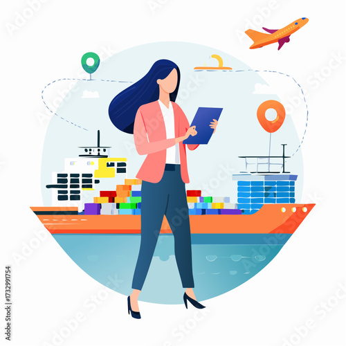 A professional woman oversees global shipping logistics with a tablet aboard a cargo ship. Modern illustration, vibrant colors, and a dynamic composition convey efficiency and connectivity.
