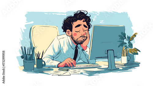 Tired Office Worker Vector Illustration in Modern Office Environment