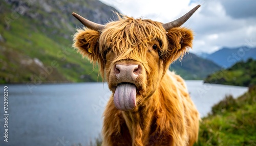 Highland cow sticking out its tongue by a lake