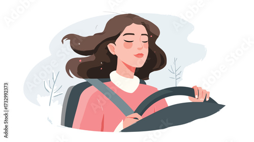 Fearless Woman Driving Car with Eyes Closed Vector Illustration