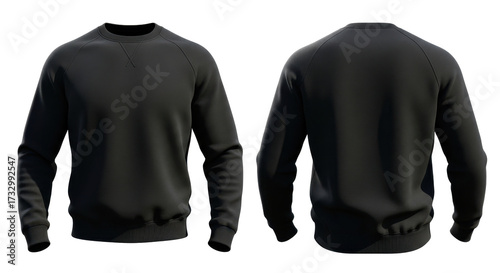 Front and back views of a plain black crewneck sweatshirt, isolated on a white background, showcasing casual apparel.