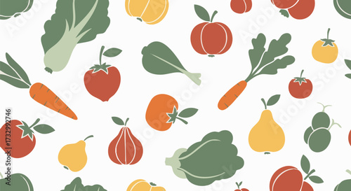 Vibrant seamless pattern illustration of fresh vegetables and fruits. Great for healthy eating, food-related designs, or adding a touch of nature